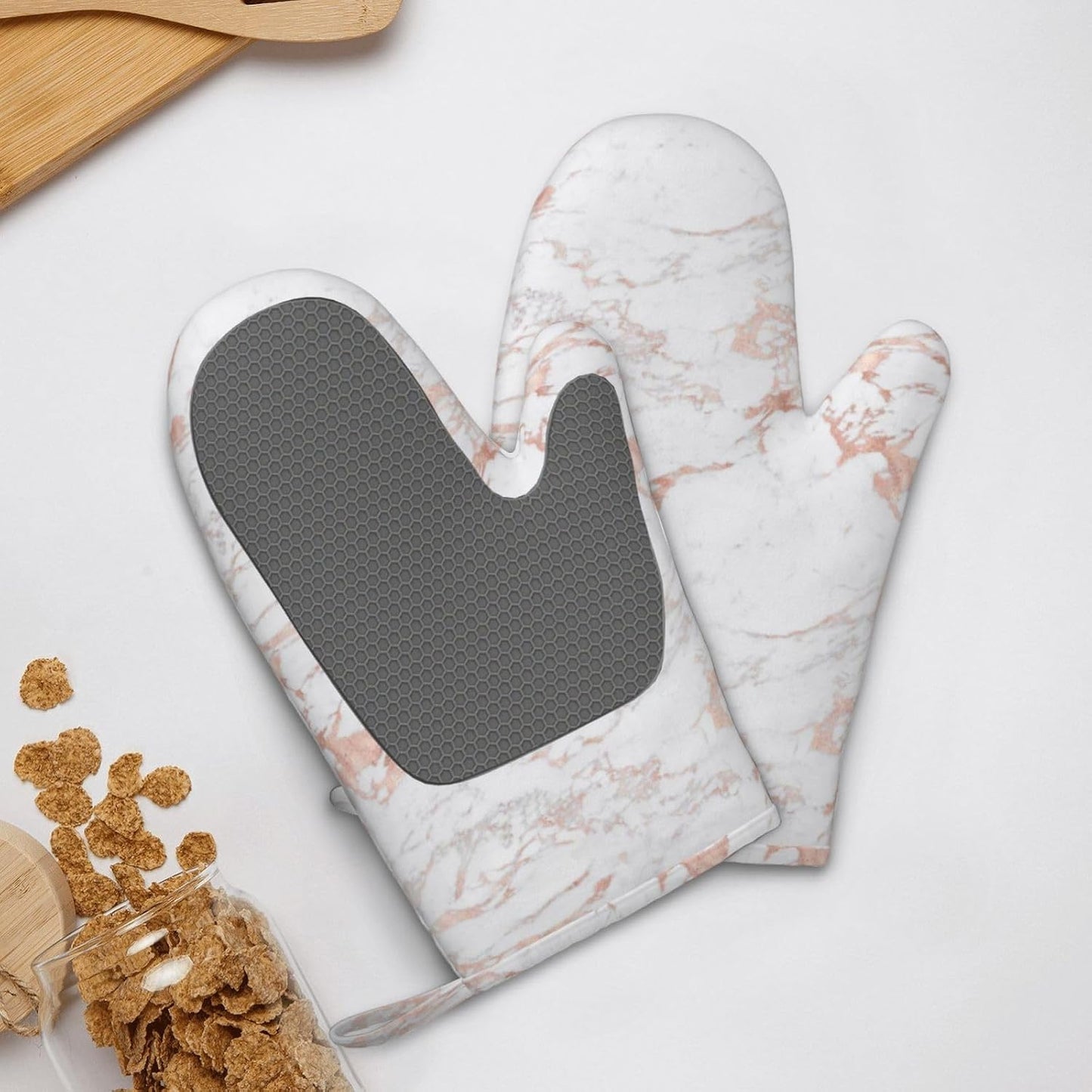 White and Rose Gold Foil Marble Oven Mitts 2 Pack Kitchen Heat Resistant Oven Gloves with Non-Slip Silicone Surface