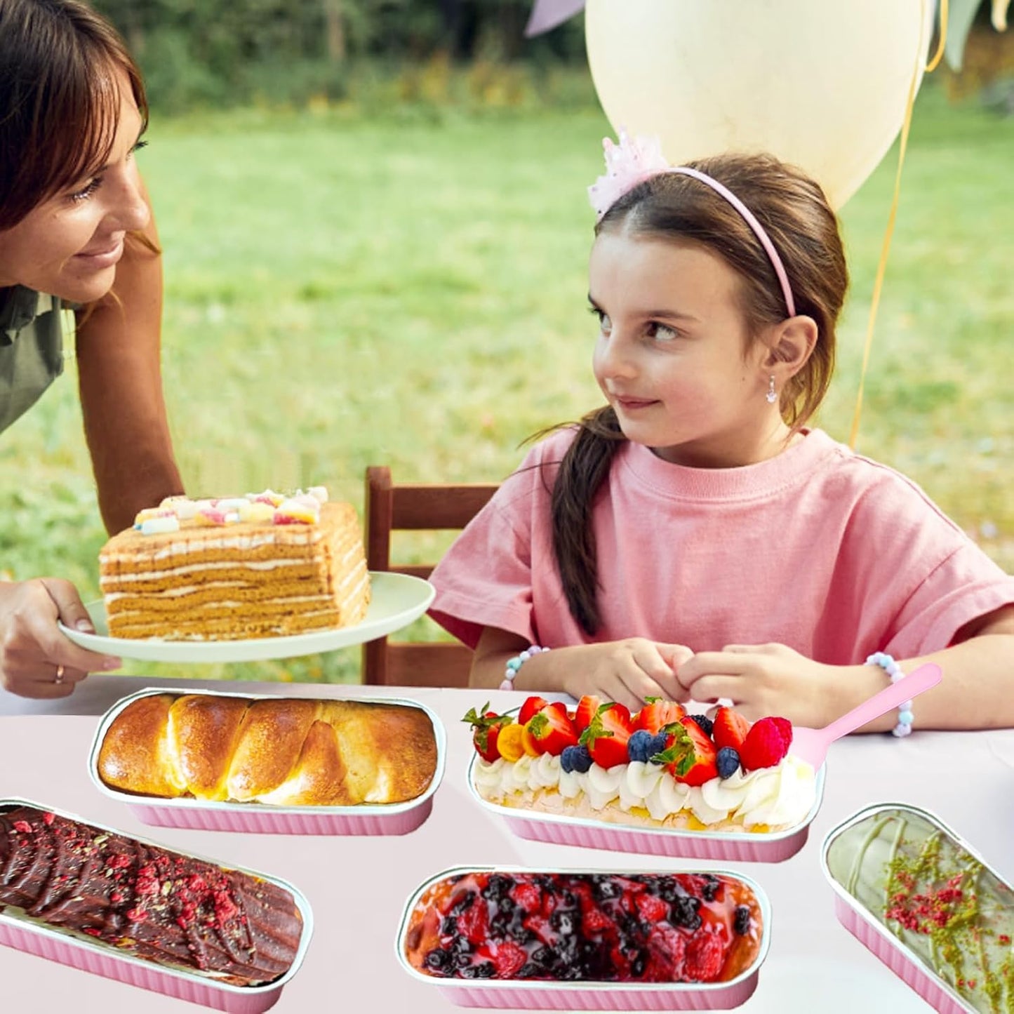 50 Pack Mini Loaf Pans with Lids and Spoons, 6.8 Oz Mini Cake Pans with Lids for Baking,Pink Disposable Rectangle Aluminum Foil Loaf Pan with Ribbon Stickers,Small Cake Containers Tin(Pink)