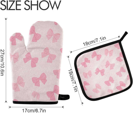 Cute Light Pink Bow Oven Mitts and Pot Holders Set for Cooking Baking Kitchen Decor