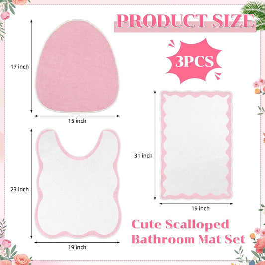 Drydiet 3 Pcs Pink Scalloped Bathroom Rug Set Cute Pink Bathroom Mat U-Shaped Mat Toilet Seat Cover, Non Slip Absorbent Microfiber Bath Rugs Aesthetic Preppy Room Decor for Girls, Dorm Guest Bath