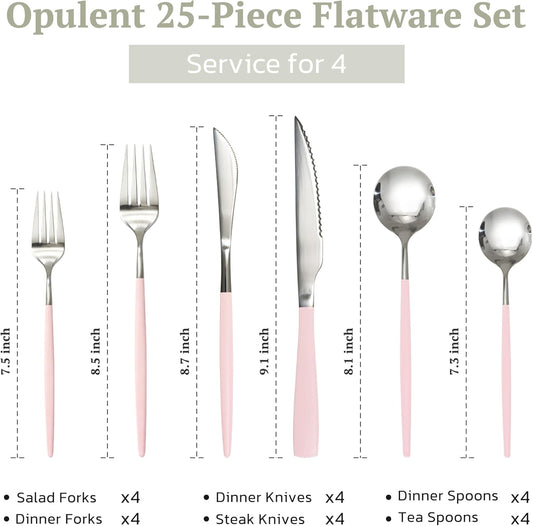 Astercook 25-Pieces Silverware Set with Steak Knives for 4 - Great Food-Grade Stainless Steel Flatware Set, Mirror-polished Cutlery Utensil Sets, Ideal for Home Restaurant & Banquet Use, Pink