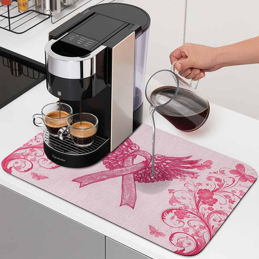 Pink Ribbon Wings Dish Drying Mat for Kitchen Counter, Absorbent Quick Dry Coffee Bar Mat Pad Thin Diatomaceous Sink Mats, Bows Vintage Floral Butterfly Abstract Non Slip Dish Drainer Mats 12''x16''