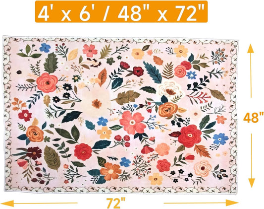 Floral Rug 4x6 Washable Low Pile Living Room Vintage Rug Soft Print Non-Slip Bedroom Carpet for Office Dining Room Home Decor(Pink)