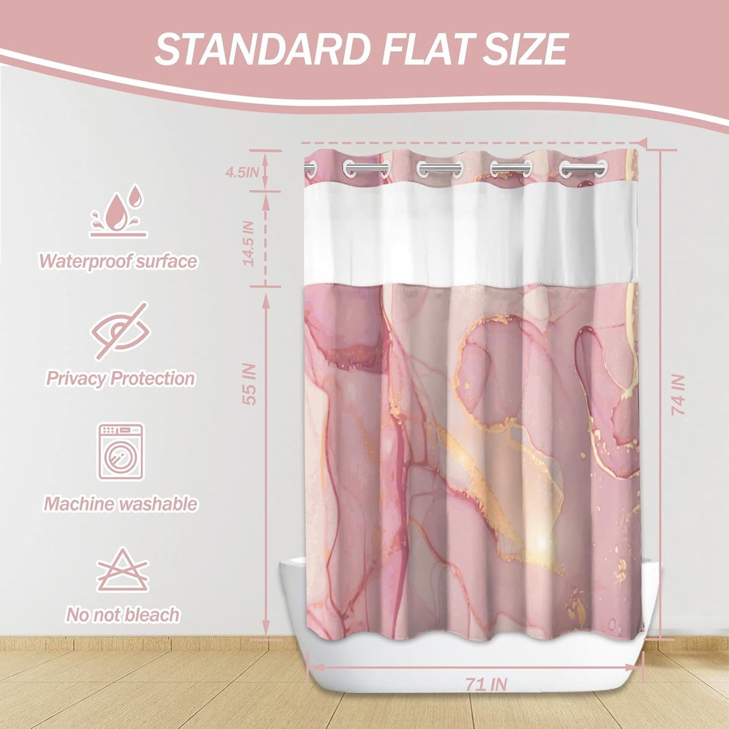 Lnond No Hooks Shower Curtain with Snap in Liner, Pink Gold Marble Hookless Shower Curtain for Bathroom,Machine Washable, 71" (W) X 74" (H)