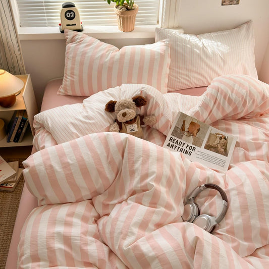 Striped Comforter Set Queen 3 Pieces Pink Stripes Bedding Set, Peach Pink White Striped Design, 100% Microfiber, Super Soft Lightweight Comforter with 2 Pillowcases, All Season