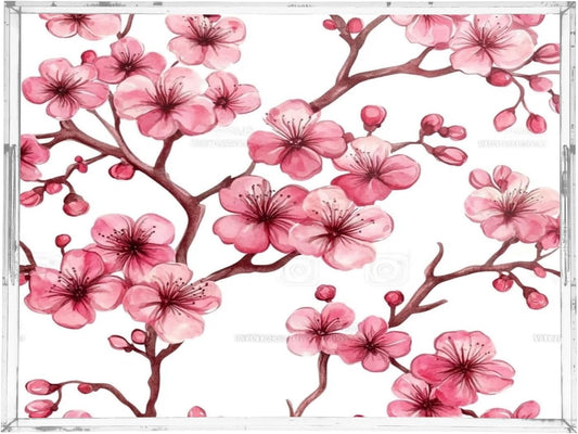 Pink Peach Flowers Acrylic Serving Tray with Handles,Clear Serving Tray Decorative Organiser for Ottoman, Kitchen, Bedroom Decorative 12x16 Inches