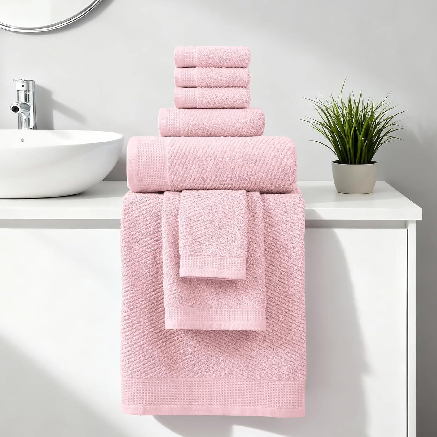 REDKISS Luxury 8-Piece Pink Towel Set, 2 Bath Towels, 2 Hand Towels, 4 Washcloths, 100% Cotton, Quick Dry, Highly Absorbent Towels for Bathroom, Gym, Hotel, Spa