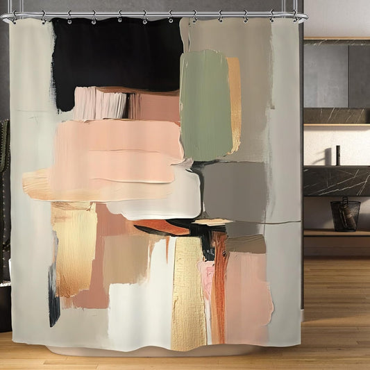 Abstract Blush Pink Black Bathroom Shower Curtain 60W by 71H Inch Modern Contemporary Brushstroke Aesthetic Art Minimalist Polyester Fabric 12 Plastic Hooks Waterproof Decor