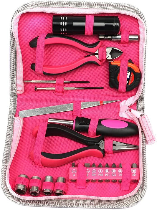 23 Pcs Ladies Pink Tool Kit, Screwdriver Household Tool, Pink Multi-function Repairing Tool Kit, Plier Screw Tape Measure Tool