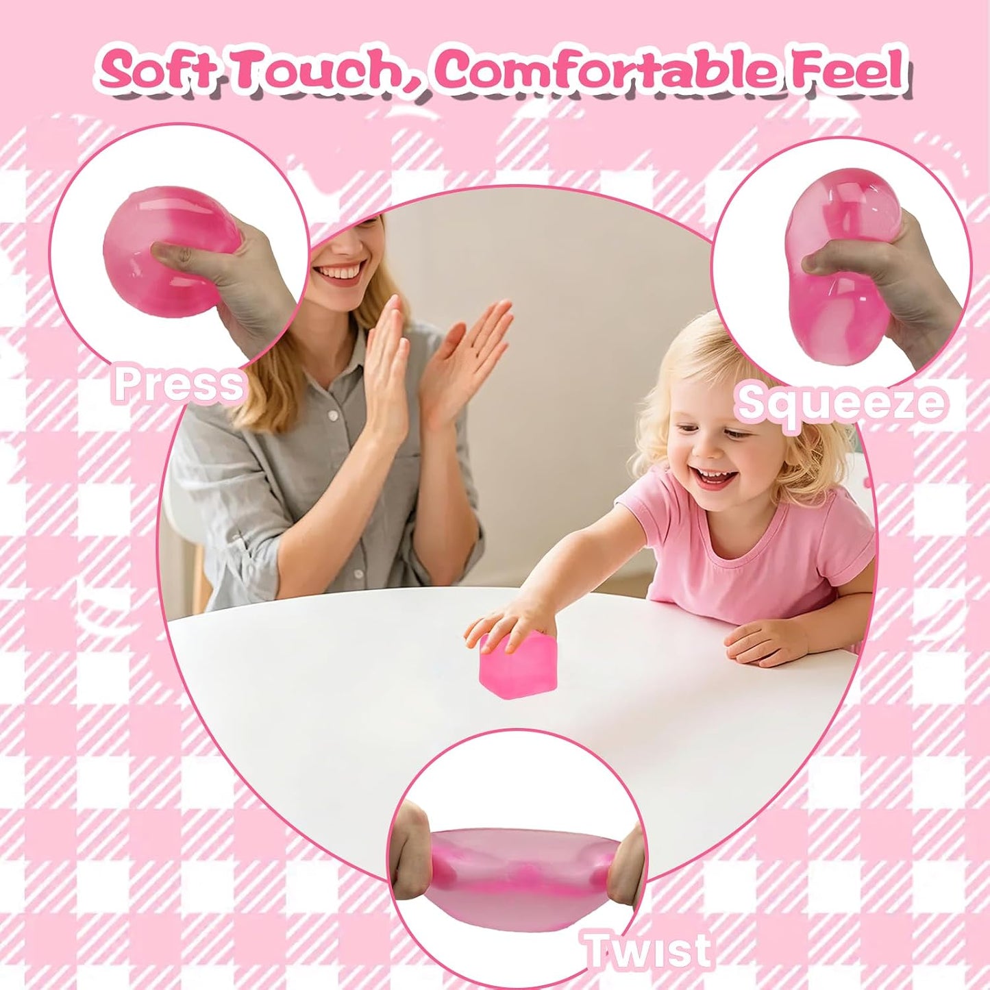 Jumbo 7cm/2.75in Ice Cube Squishy Squeeze Toy – Slow Rising Sensory Fidget Block for Kids Ages 3+ & Adults | Soft BPA-Free Desk Toy for Classroom, Office & Party Favors(Pink)