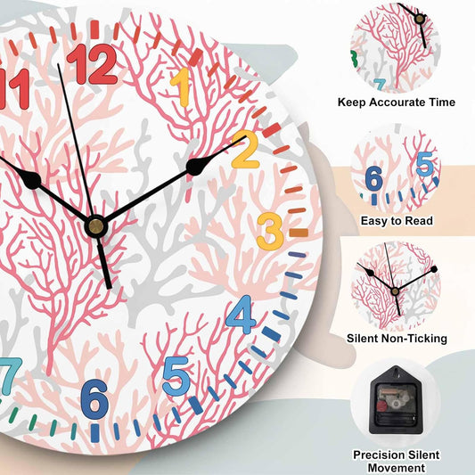 Wall Clock Pink Grey Ocean Coral Clocks PVC Silent Non-Ticking Battery Operated Colorful Teaching Summer Marine Life Round Clock for Kids Room Living Room Bedroom Office School Wall Decor 14 Inch