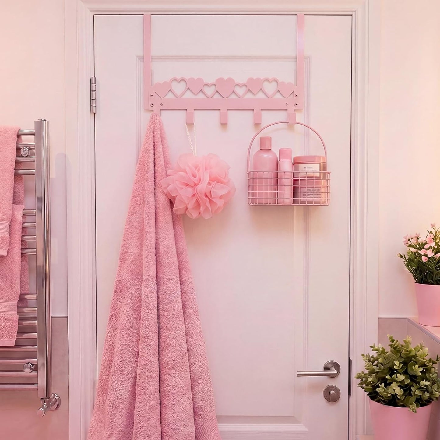 Kathfly Pink Heart Over the Door Hooks Towel Hooks Heavy Duty Hanging Towel Rack Over Door Hanger, 5 Coat Hanger for Bedroom Bathroom Kitchen