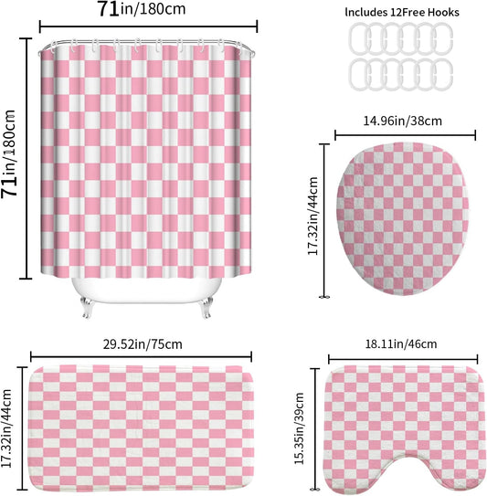 4 PCS Checkered Shower Curtain Sets Fun Gingham Bathroom Sets Soft Non Slip Bath Rugs Toilet Cover U-Shaped Mat Retro Bright Waterproof Shower Curtains with 12 Hooks for Tub Toilet, Pink