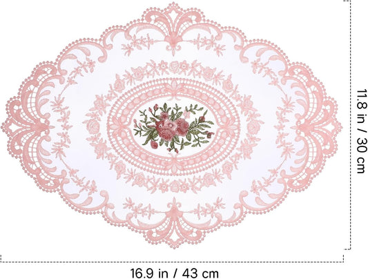 2Pcs Lace Placemats French Style Retro Placemats Pink Doilies Table Runner Lace Dresser Scarves Cup Mat Table Runner with Pink Flowers Doilies