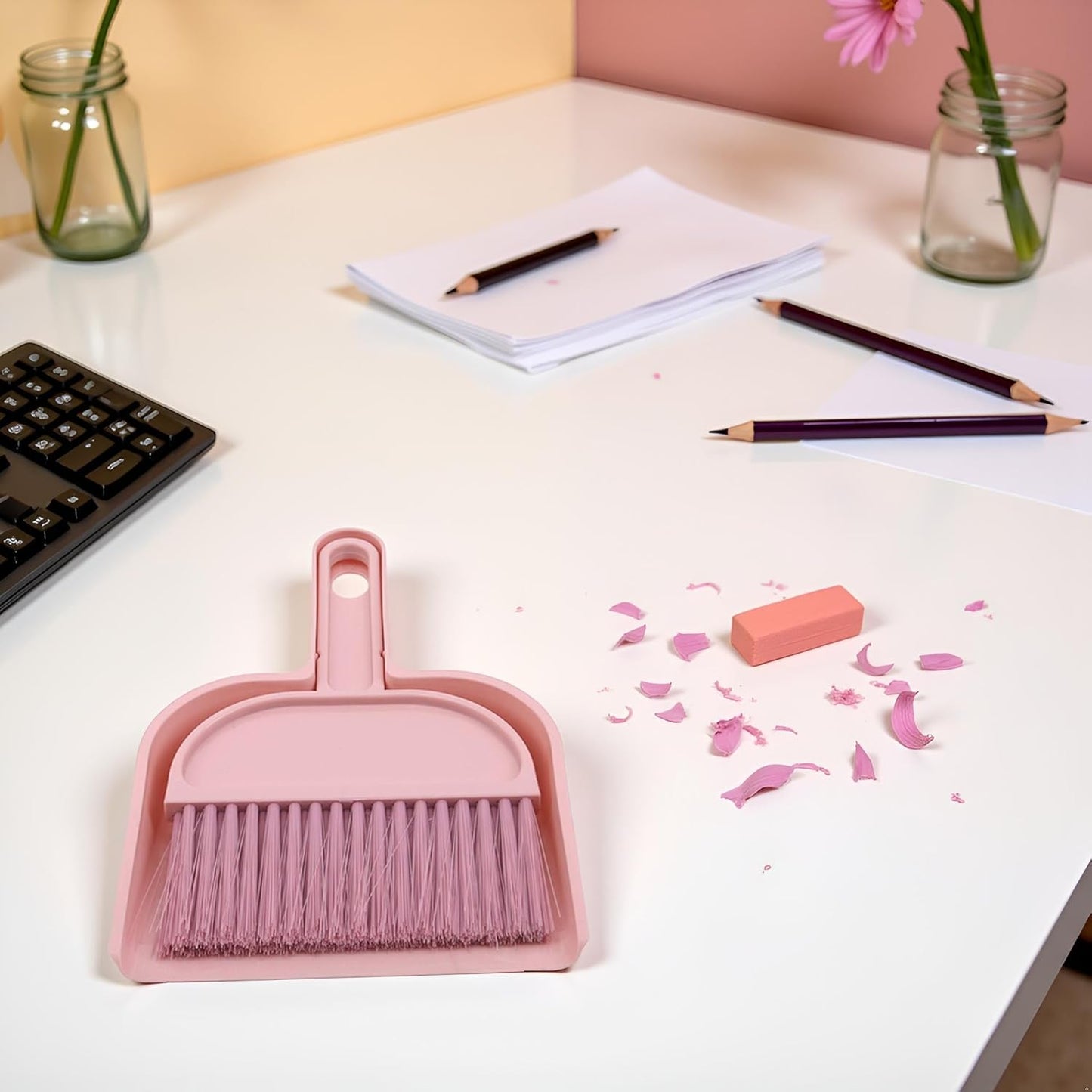Plastic Mini Broom and Dustpan,Mini Cleaning Brush with Dustpan Set Desktop Cleaning Accessories,Pink with Set,Plastic Broom