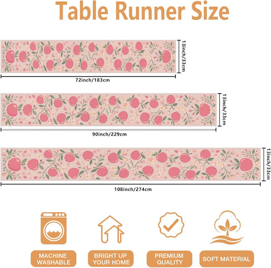 Peach Fruits Floral Table Runner, Vintage Spring Garden Style Home Decor for Family Gatherings and Seasonal Celebrations 13x72 Inch