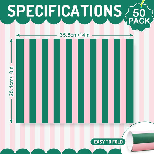 Whaline 50Pcs Stripe Paper Placemats Disposable Table Mat Green Pink Cabana Stripe Decorative Place Mats for Birthday Wedding Party Decor Dining Table Setting, 10 x 14 Inch