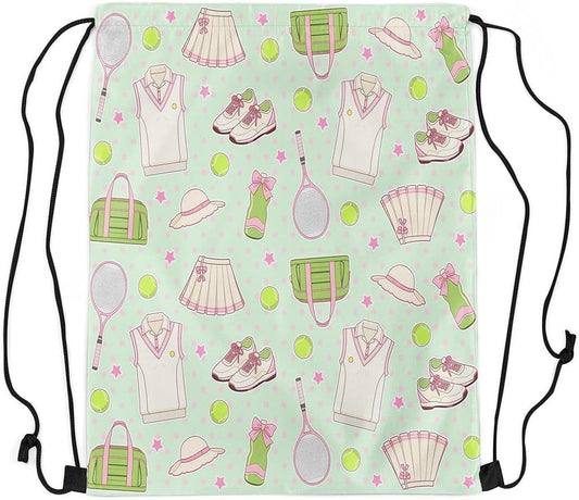 Castle Fairy Tennis Drawstring Backpack Mint Green Pink Sackpack for Gym Sports,Tennis Racket Balls Water Resistant String Bag,Preppy Sports,13"X16"