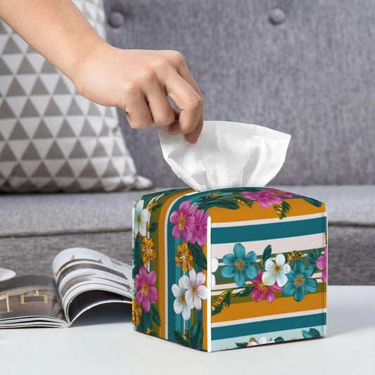 Retro Stripes Pink White Flowers Pattern Tissue Box Cover Square Pu Leather Waterproof Tissue Box Holder for Car Bathroom Bedroom Office Tabletop Decor