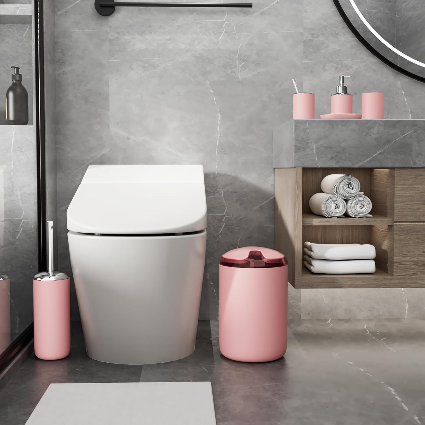 Fun Memories Bathroom Accessories Set 6 Piece Bath Ensemble Includes Toothbrush Holder, Soap Dispenser for Decorative Countertop and Housewarming Gift, Pink