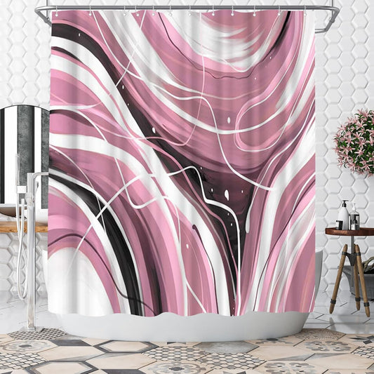 WELMECO Shower Curtain Modern Abstract Striped Stall Shower Curtain Polyester Fabric Washable 72x72inch with 12 Plastic Hooks for Bathroom Decor (Pink)