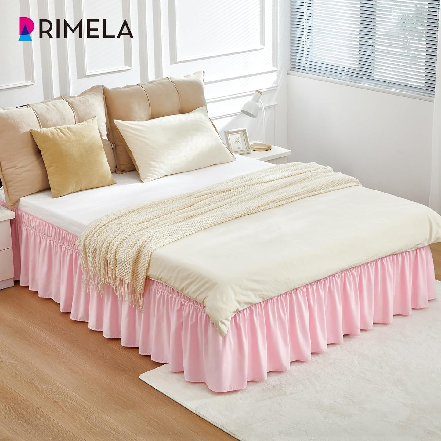 RIMELA Pink Bed Skirt Queen Size 15 Inch Drop, Wrap Around Elastic Bedskirt, Dust Ruffle for Adjustable Bed Base Machine Washable Easy to Install Bed Skirts