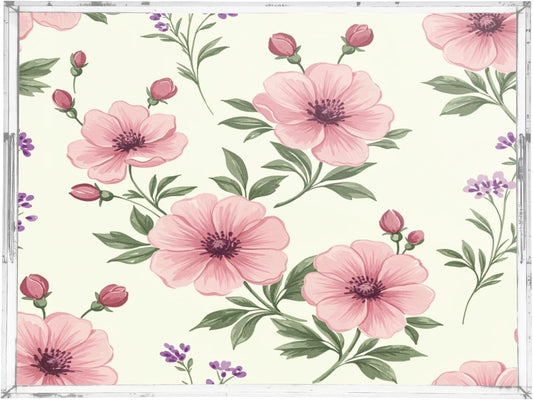 Pink Flowers Acrylic Serving Tray with Handles,Clear Serving Tray Decorative Organiser for Ottoman, Kitchen, Bedroom Decorative 12x16 Inches