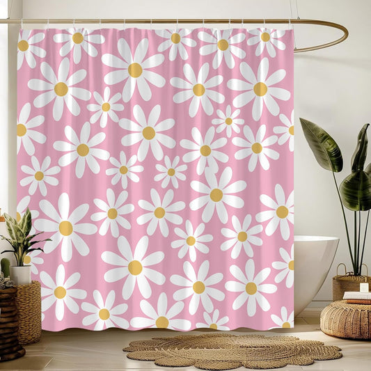 Pink Shower Curtain Cute Daisy Floral Flower Modern Aesthetic Girly Polyester Bathroom Decor with Hook,70" Wx70 H