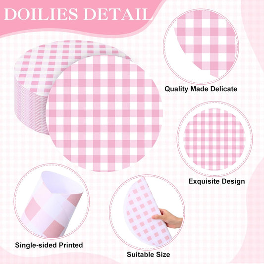 Funnymoom 60 Pcs Pink and White Gingham Disposable Paper Placemats Round Table Place Mat Summer Checkered Decorative Paper for Baby Shower Wedding Birthday Party Dinner Table Decor