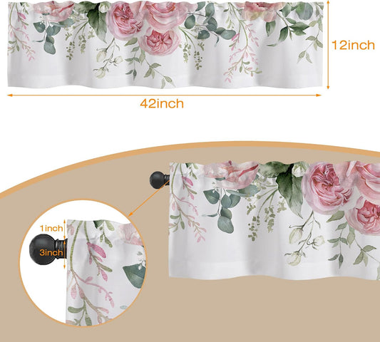 Curtain Valances, Watercolor Pink Flowers and Eucalyptus Semi Sheer Curtain Valances, Rod Pocket Short Window Treatment Light Filtering Decor Valances for Kitchen Living Room Bedroom Windows - 42"x12"