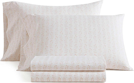 Martha Stewart - Queen Size Sheets Set, Crisp & Tailored Cooling Sheets w/a Naturally Smooth Cotton Percale Lightweight Feel - Bed Sheets with Matching Pillowcases & Fitted Sheet (Ditsy Vine Pink)