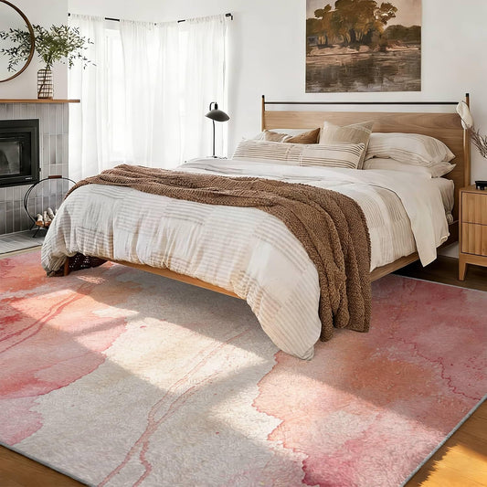 Modern Abstract Washable 4x6 Area Rugs for Living Room, Colorful Soft Bedroom Rug, Low Pile Non Slip Mat, Pink Peach Gold Watercolor Wash Carpet for Nursery Office Bedroom Glam Feminine Home Decor
