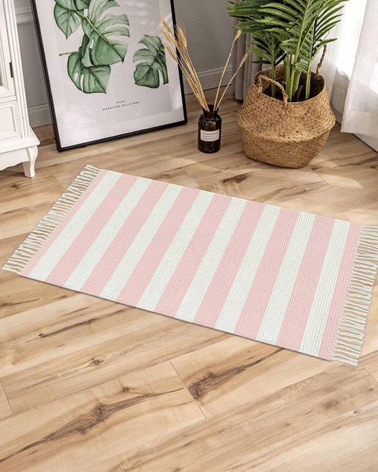 Pink Stripes Bathroom Rug 2'x3', Woven Cotton Area Rug with Tassels Washable Front Door Rugs, Farmhouse White Simple Vertical Striped Non Slip Throw Runner Rug Carpet for Entry Laundry Kitchen