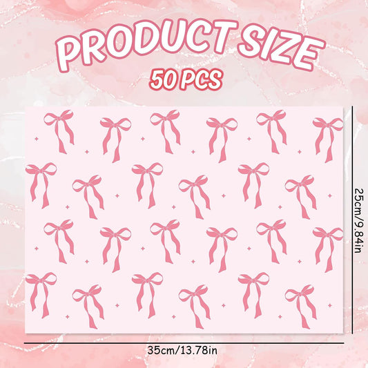FYSUIMU 50Pcs Pink Bow Paper Placemats Cute Coquette Bow Dinner Mats Disposable Table Mats for Wedding Baby Shower Birthday Bachelorette Party Table Setting