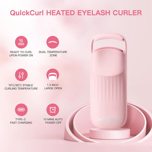 HEBECA Heated Eyelash Curler Innovative, QuickCurl 2S Heat Up, Naturally Lash Curler 70°C/85°C Adjustable Heat, Safe Food-Grade Silicone, 600mAh Battery Portable Size for Travel (Pink)
