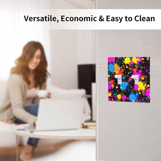 Neon Abstract Pink Blue Yellow Paint Splatter Double Gang Toggle Light Cover Wall Plate Switch Decor Standard Size - 4.5" X 4.5"