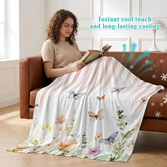 Cooling Blanket for Hot Sleepers Watercolor Butterfly Lightweight Breathable Double Sided Summer Blanket Floral Leaves Pink Strips Cooling Throw Blanket for Couch Bed Night Sweats 30"x40"