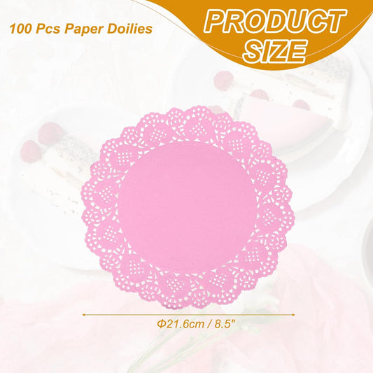 uxcell 100Pcs Paper Doilies, 8.5" Lace Doilies Round Paper Placemats for Dessert Cake Wedding Birthday Party Decorations Sandwiches Restaurants, Pink