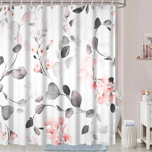 Grey Eucalyptus Shower Curtain, Watercolor Gray and Pink Floral Shower Curtain Set with Hooks Waterproof Spring Botanical Bathroom Decor, 72x72 Inch