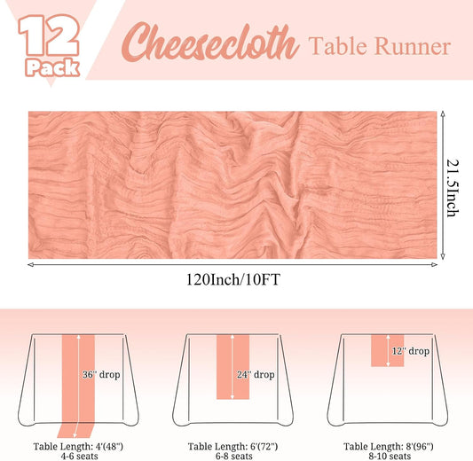 12 Pack Coral Table Runner 10Ft Cheesecloth Table Runner Rustic Gauze Table Runners Romantic Long Sheer Fabric Cheese Cloth Table Runners for Wedding Party Bridal Baby Shower