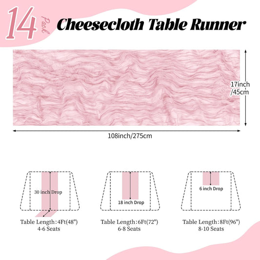14 Pack Light Pink Cheesecloth Table Runner 17x108 Inch Semi Sheer Boho Gauze Cheese Cloth Fabric Table Runners, for Wedding Party Baby Shower Birthday Home Decor Garden Farmhouse