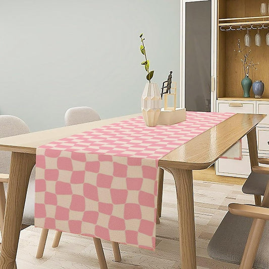 Boho Hippie Table Runner Groovy Pink Twisted Checkered Funky Modern Geometric Dinner Runner for Living Room Kitchen Party Holiday Dinner Home Decor 13x36in