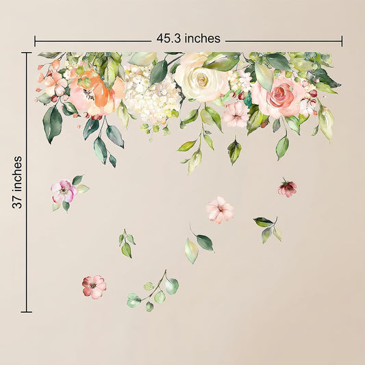 Watercolor Floral Flowers Wall Decals - Pink Rose Green Leaf Flowers Wall Stickers for Girls Bedroom, Nursery, Living Room - Removable Peel and Stick DIY Wall Decor Art Murals - Boho Floral Decor