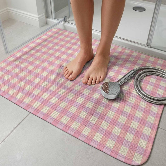 Bathroom Rugs 19.7x31.5 Inch, Pink Non Slip Rugs Washable Low Pile, Grid Checkered Plaid Gingham Lattice Trellis Front Door Mat Entryway Rug with Rubber Backing
