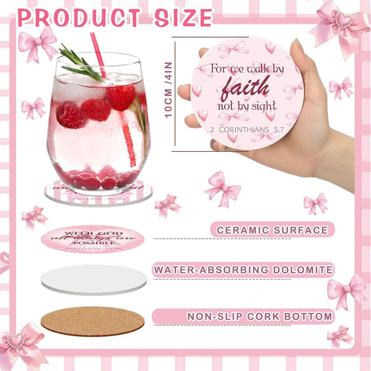 Hushee Valentines Christian Pink Bow Coquette Coasters with Bible Verses Coasters Set of 8 Bowknot Mini Drink Ceramic Pink Inspirational Quotes for Party Home Office Table Galentines Gifts