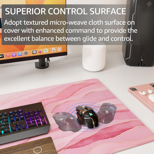 KTRIO Large Gaming Mouse Pad Desk Mat, Superior Micro-Weave Cloth, Non-Slip Rubber Base, Stitched Edges, Water-Resistant, for Gamer, Office & Home, 31.5 x 15.7 Inch,Pink Glow