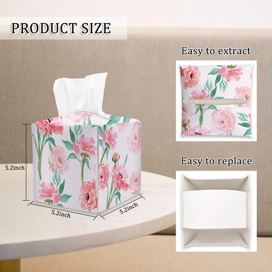 Pink Floral Tissue Box Cover Square, Watercolor Flowers Cube Tissue Box Holder, Tabletop Decor Leather Facial Paper Organizer Dispenser for Bathroom Home Car Night Stand Living Room/25