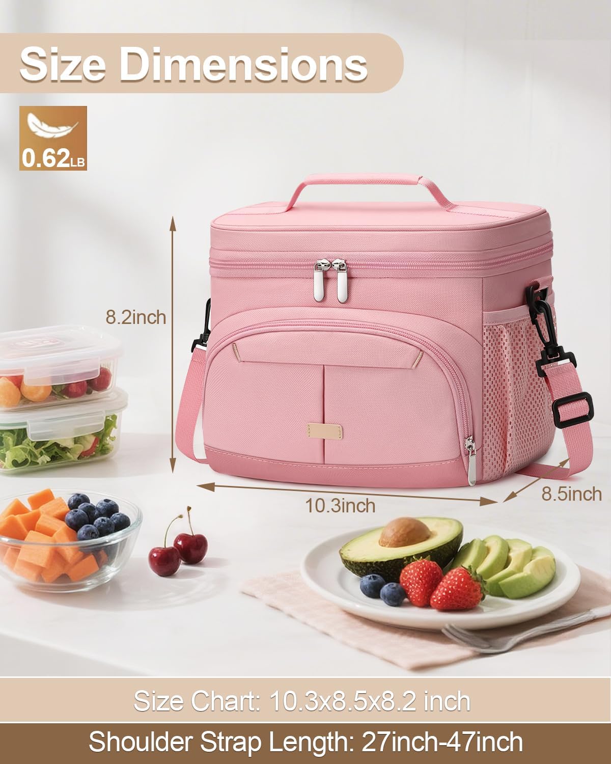Pritent Lunch Box for Man Women, Insulated Lunch Bag Cooler Bag Leakproof Lunchbox Lunch Tote Bags with Removable Strap for Work School Picnic Travel (Pink/12L
