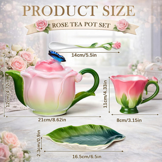 Rose Flower Teapot and Cup Set – 22oz Ceramic Decorative Teapot & 6.8oz Cup with Saucer & Spoon for Women, Pink Hand Painted Vintage Floral Teaware Coffee Mug Gift for Teacher Birthday Wedding