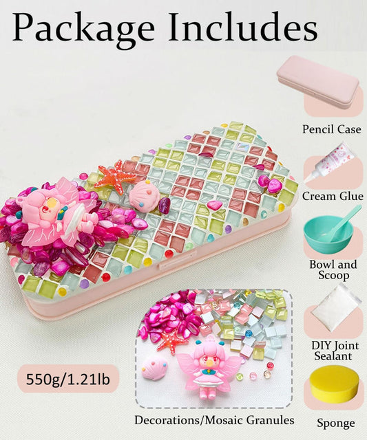 YUCHIYA DIY Mosaic Pencil Case Craft Kit - Handmade Creative Set, Pencil Box Customizable Decoration, Complete Accessories Educational Hands-On Gift (Pink)